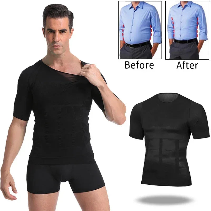 Men Body Toning T-Shirt Body Shaper Corrective Posture Shirt Slimming Belt Belly Abdomen Fat Burning Compression Corset