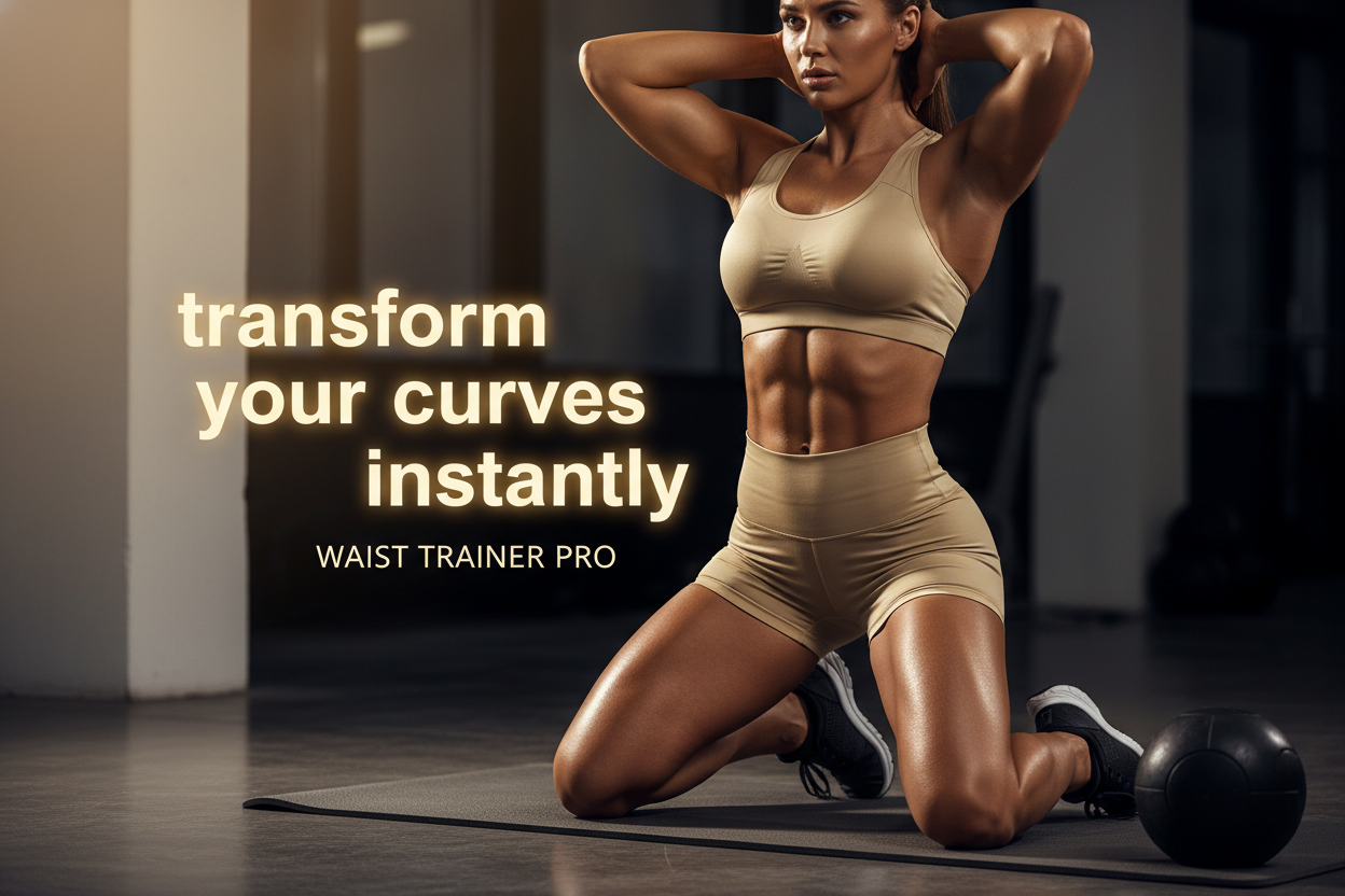 A model doing ab workouts with a high waist trainer short with a text in gold beige written "transform youre curves instantly"