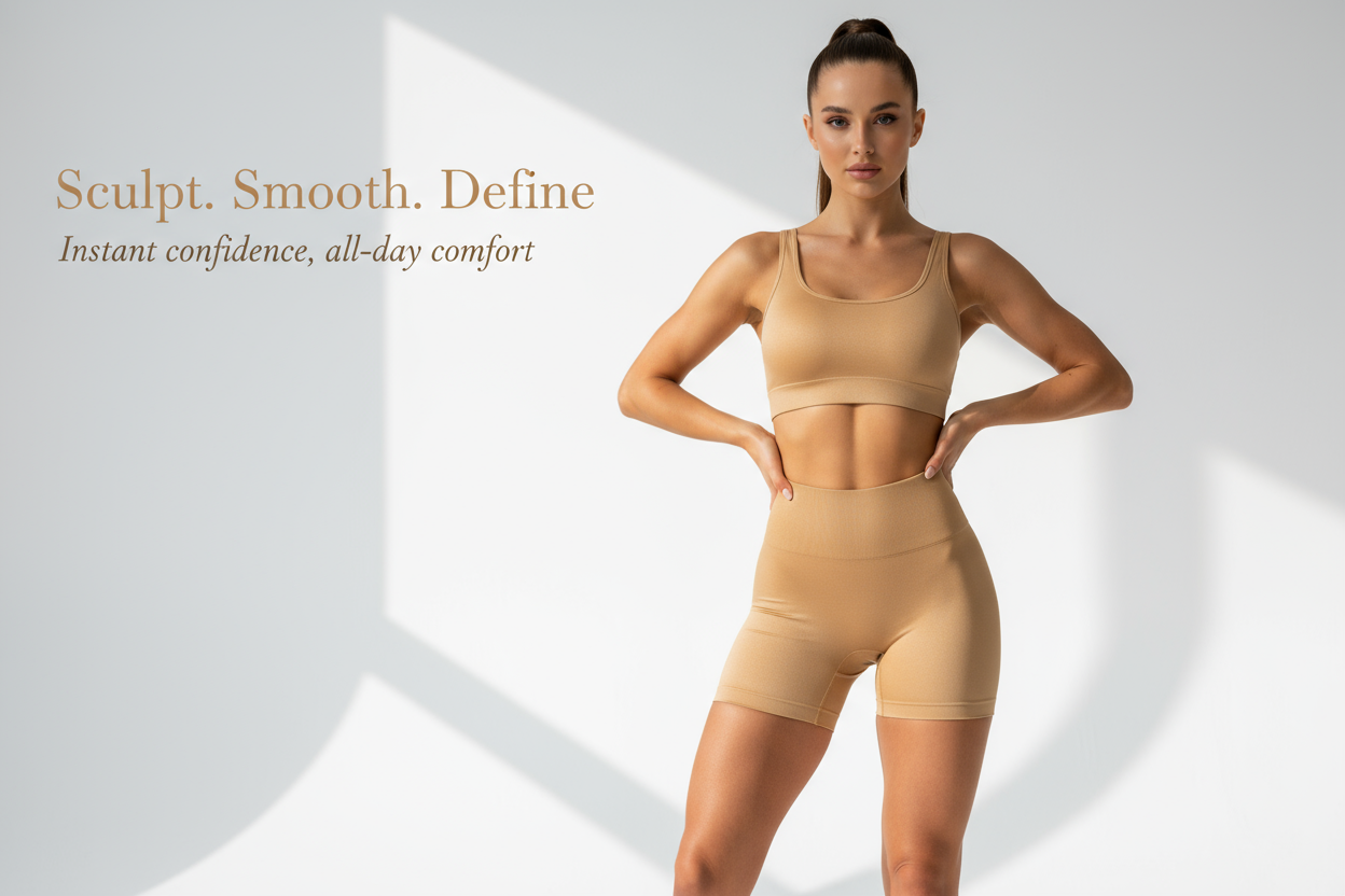 a model showing of her high waist trainer shorts and this slogan in color beige gold "Sculpt.,Smooth.,Define.,Instant confidense,all-day comfort.